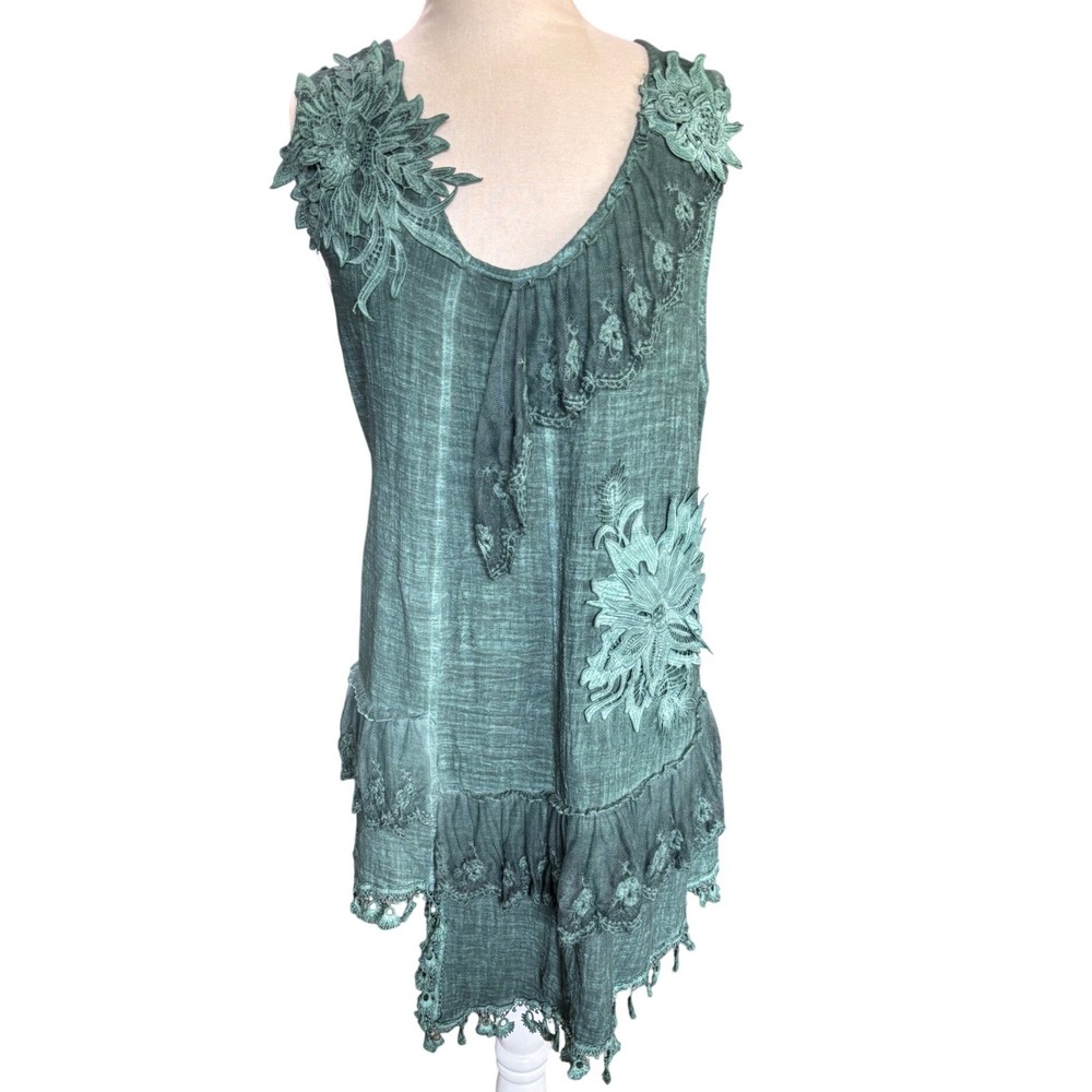 Pretty Angel Sage Linen Blend Lagenlook Boho Floral Lace Tunic Top Dress Sz XL